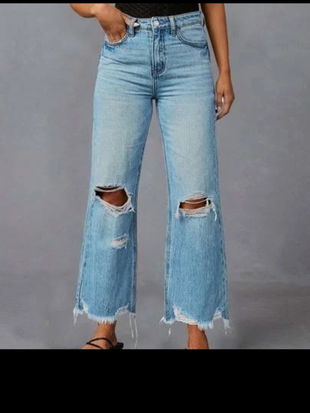 Light Blue Distressed Wide-Leg High-Rise Jeans for Women - Picture 2 of 13